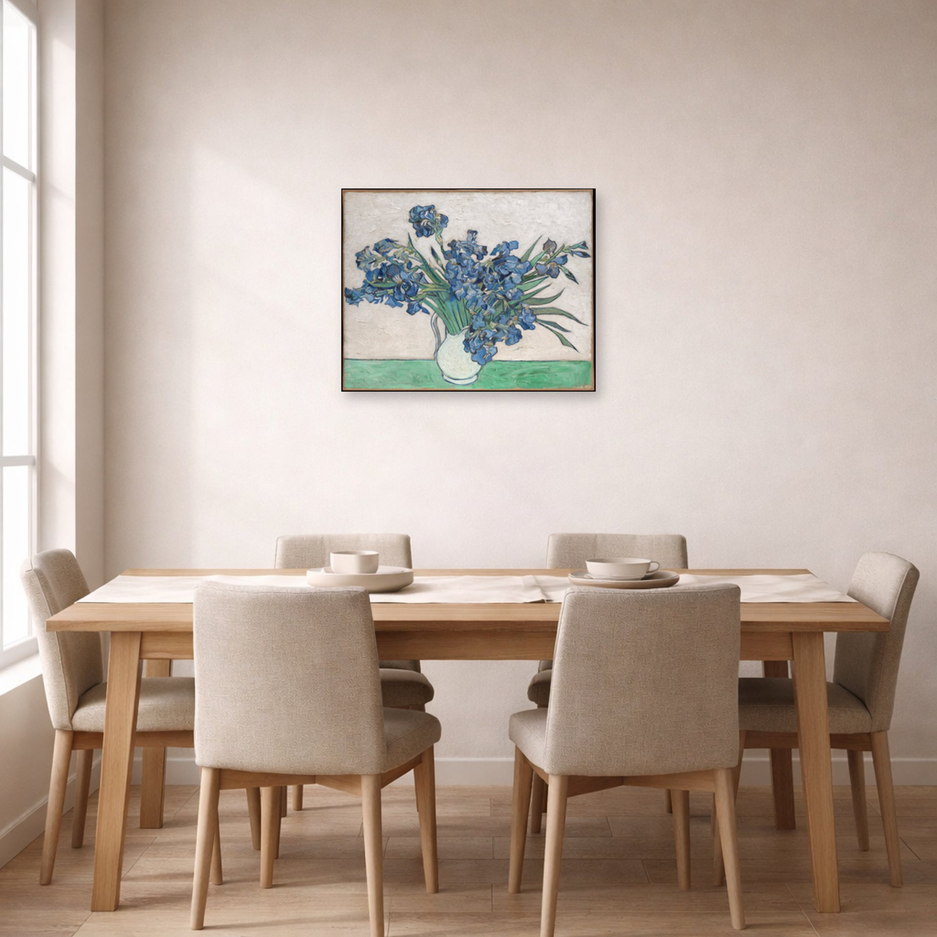 Unframed poster print of Vincent van Gogh's Irises and Roses displayed on a wall in a dining room
