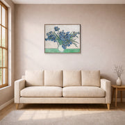 Unframed poster print of Vincent van Gogh's Irises and Roses displayed on a wall in a living room
