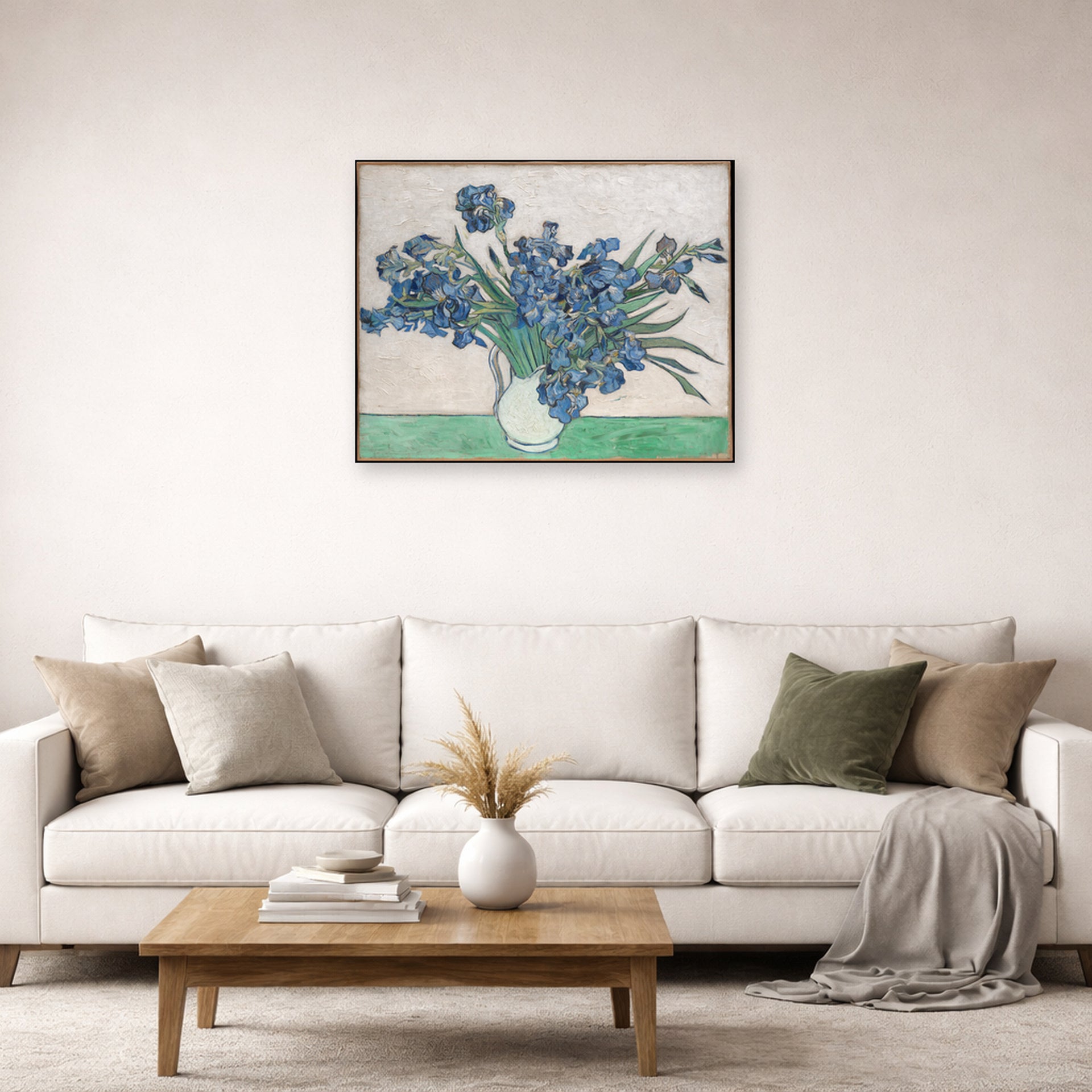 Unframed poster print of Vincent van Gogh's Irises and Roses displayed on a wall in a living room
