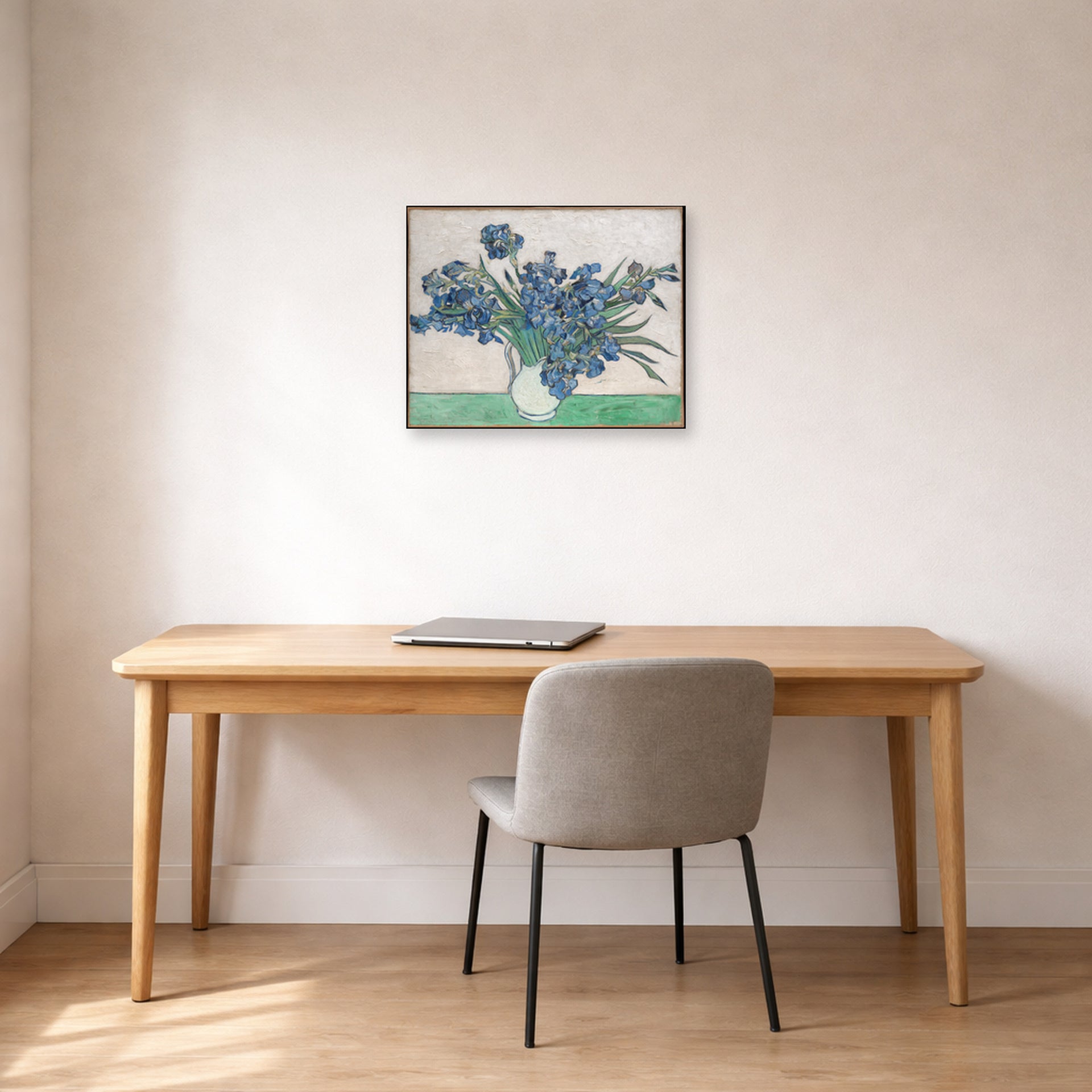 Unframed poster print of Vincent van Gogh's Irises and Roses displayed on a wall in a home office