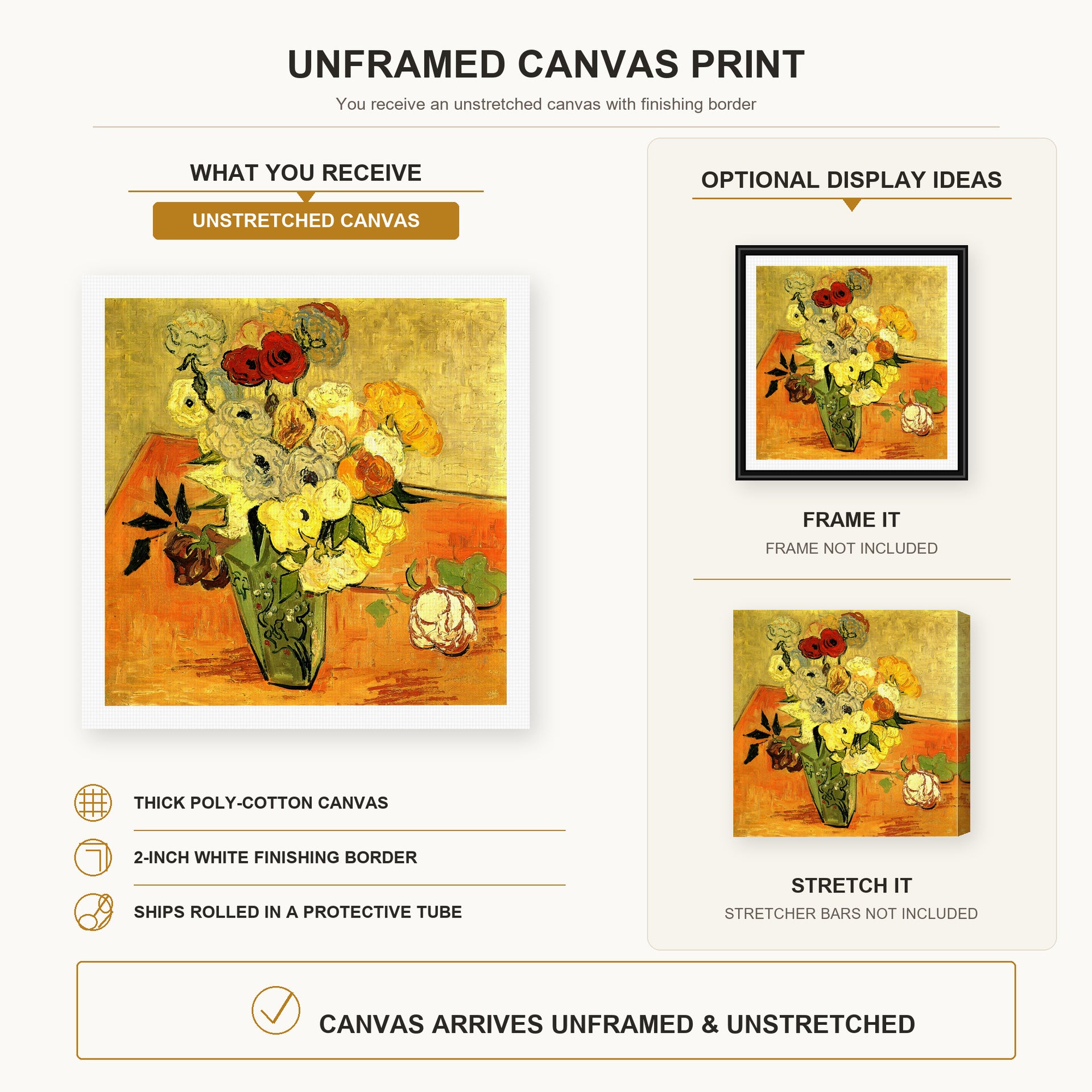 Vincent van Gogh - Japanese Vase with Roses and Anemones canvas print size comparison and framing display infographic