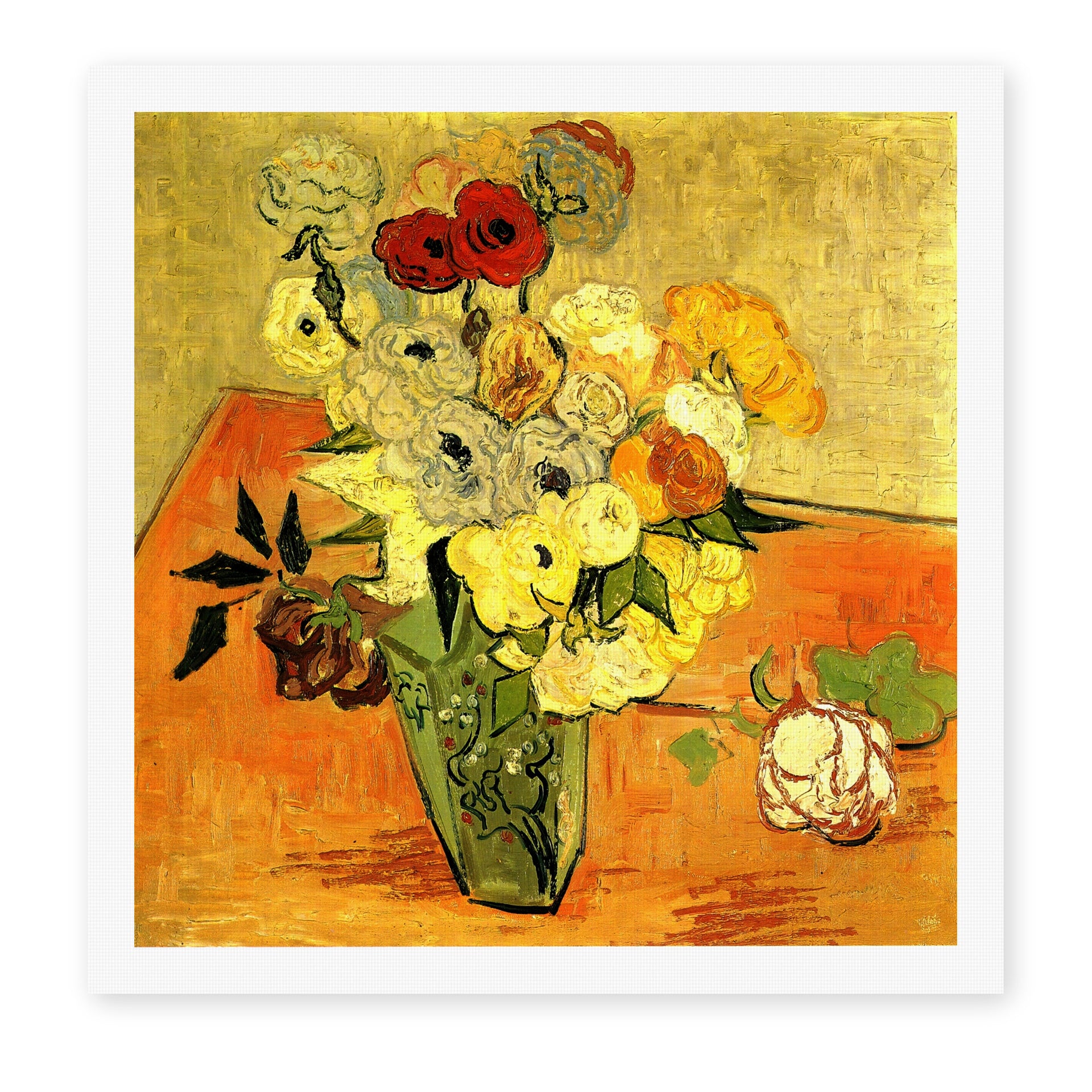 Vincent van Gogh's 'Japanese Vase with Roses and Anemones' painting reproduced as a rolled canvas print