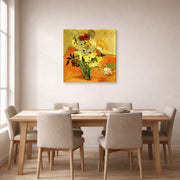 Gallery-wrapped canvas print of Vincent van Gogh's Japanese Vase with Roses and Anemones displayed on a wall in a dining room