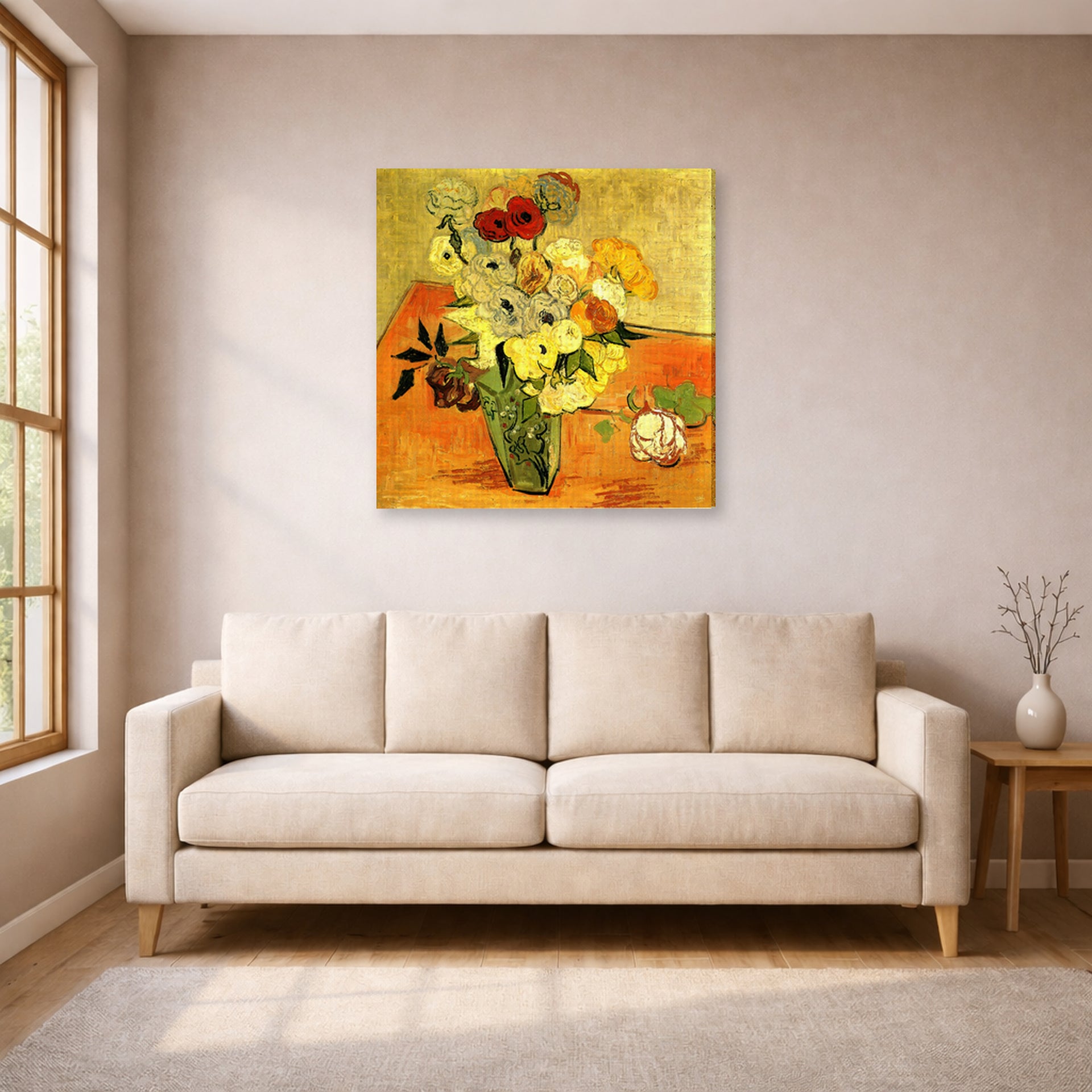 Gallery-wrapped canvas print of Vincent van Gogh's Japanese Vase with Roses and Anemones displayed on a wall in a living room