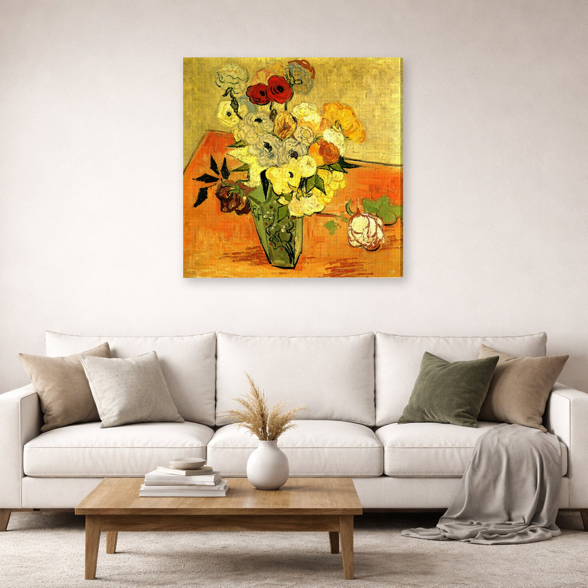 Gallery-wrapped canvas print of Vincent van Gogh's Japanese Vase with Roses and Anemones displayed on a wall in a living room