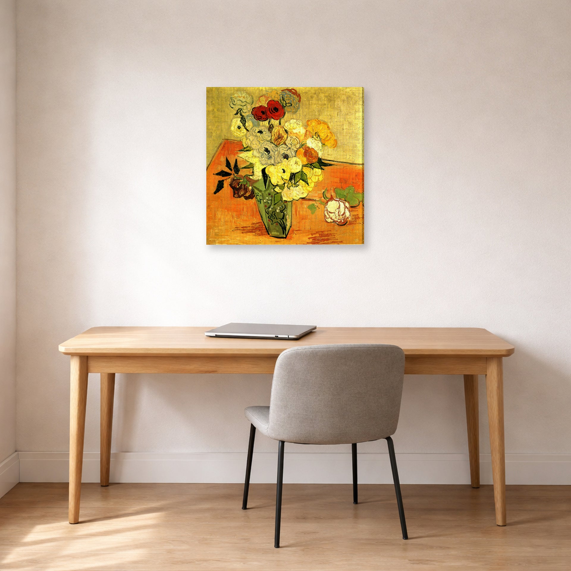 Gallery-wrapped canvas print of Vincent van Gogh's Japanese Vase with Roses and Anemones displayed on a wall in a home office
