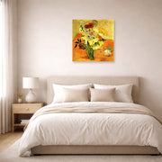 Unframed poster print of Vincent van Gogh's Japanese Vase with Roses and Anemones displayed on a wall in a bedroom