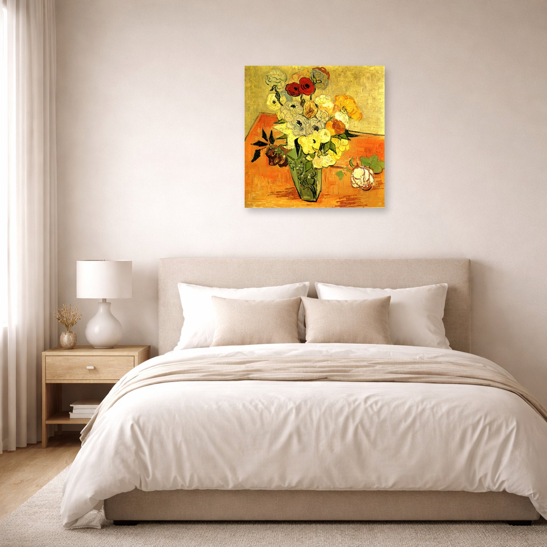 Unframed poster print of Vincent van Gogh's Japanese Vase with Roses and Anemones displayed on a wall in a bedroom