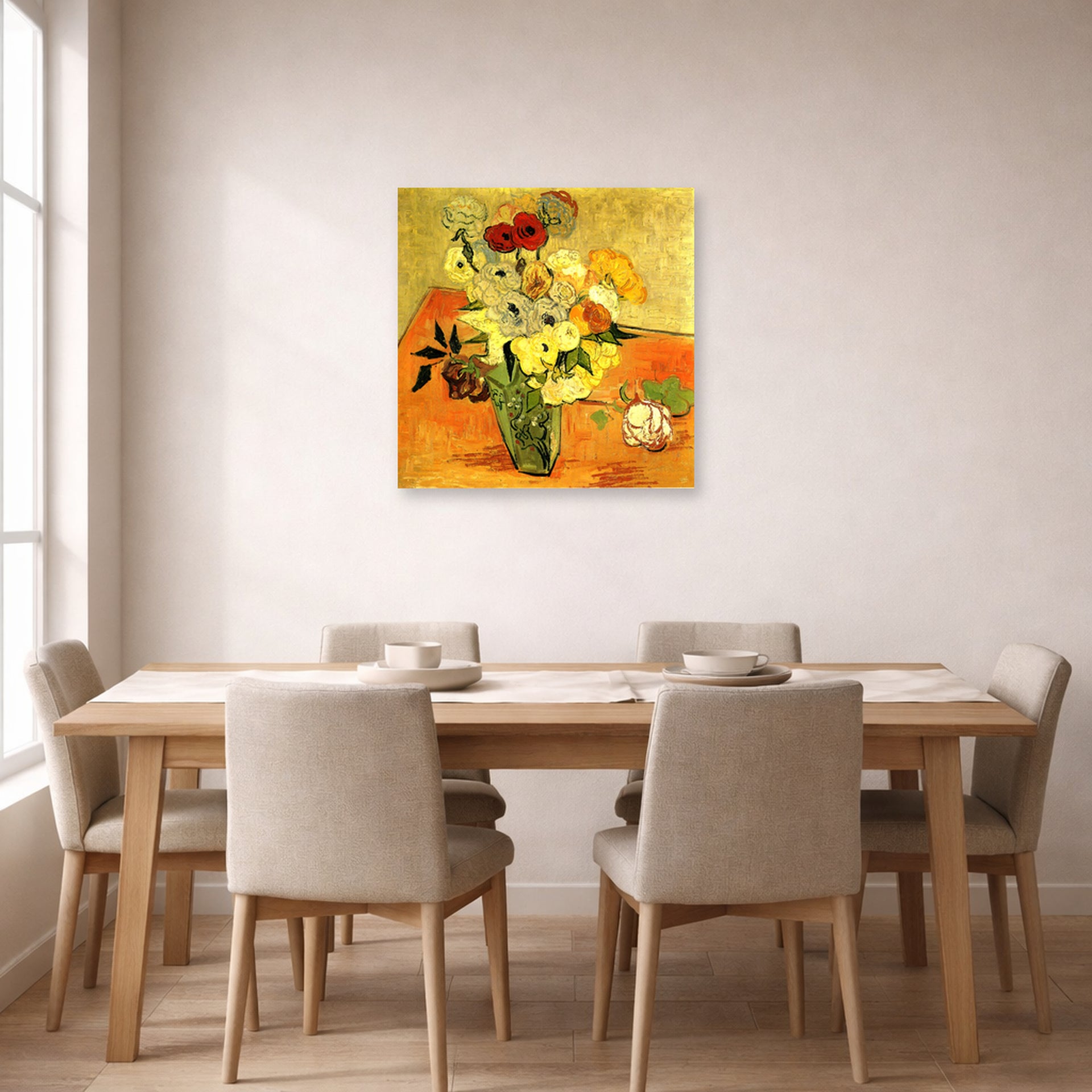 Unframed poster print of Vincent van Gogh's Japanese Vase with Roses and Anemones displayed on a wall in a dining room