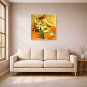 Unframed poster print of Vincent van Gogh's Japanese Vase with Roses and Anemones displayed on a wall in a living room