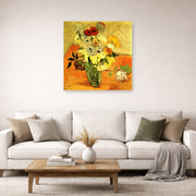 Unframed poster print of Vincent van Gogh's Japanese Vase with Roses and Anemones displayed on a wall in a living room