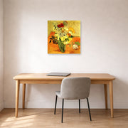 Unframed poster print of Vincent van Gogh's Japanese Vase with Roses and Anemones displayed on a wall in a home office