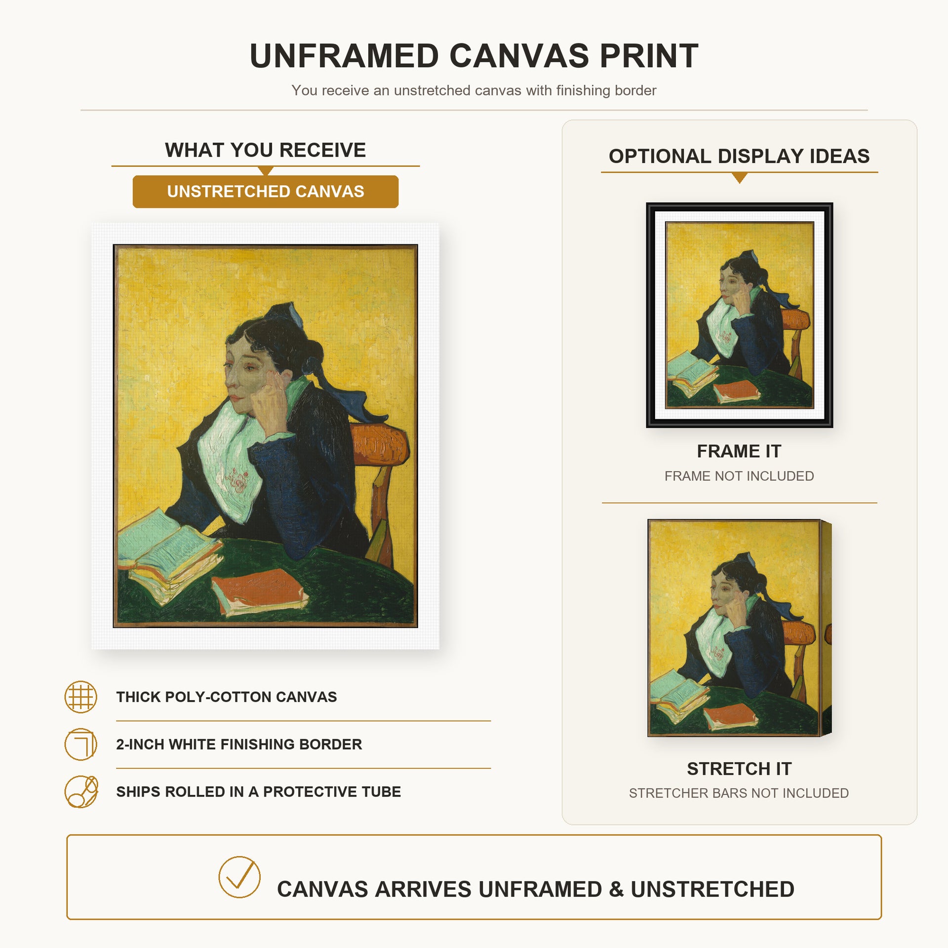 Vincent van Gogh - L'arlesienne: Madame Ginoux with Gloves and Umbrella canvas print size comparison and framing display infographic