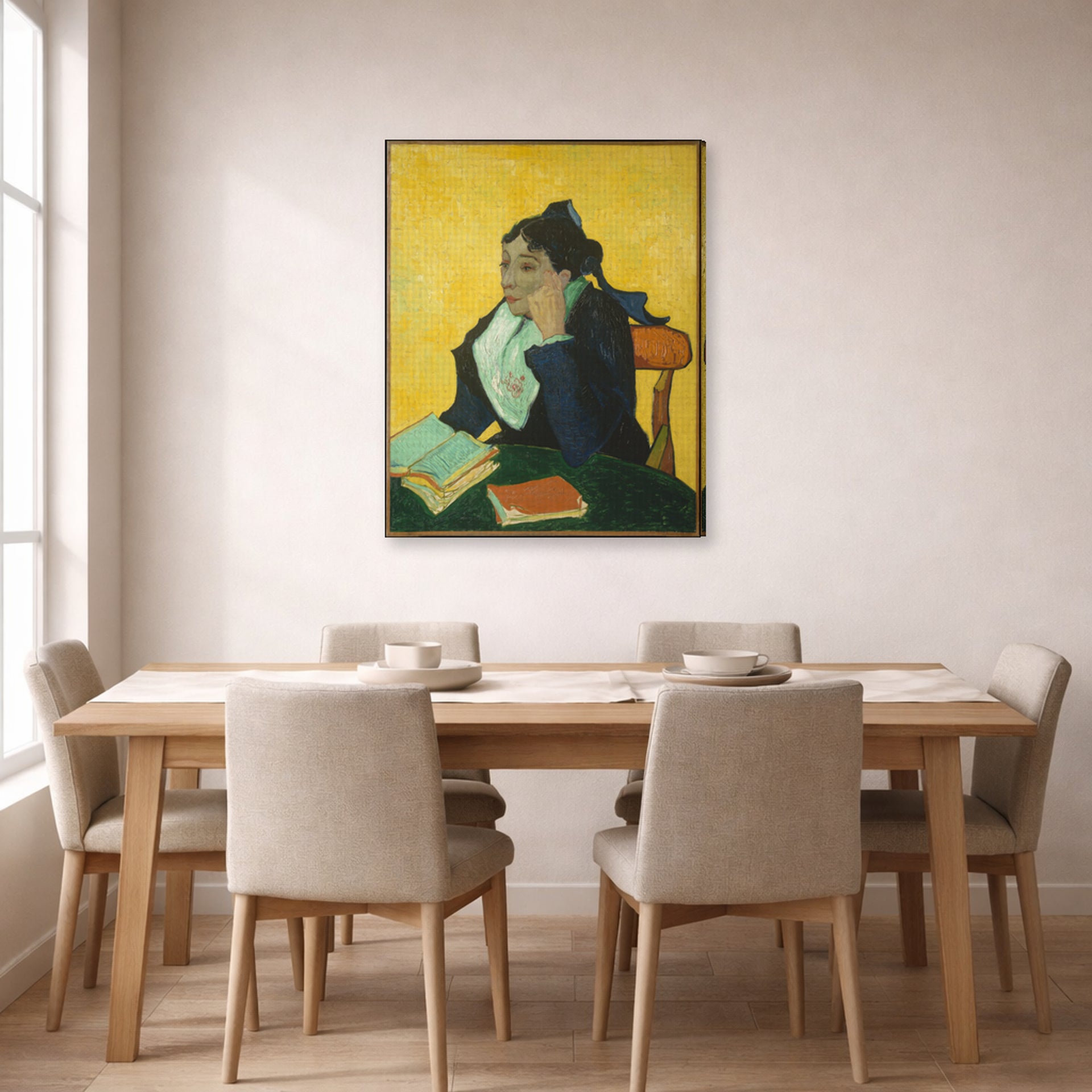 Gallery-wrapped canvas print of Vincent van Gogh's L'arlesienne: Madame Ginoux with Gloves and Umbrella displayed on a wall in a dining room