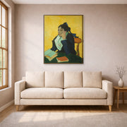Gallery-wrapped canvas print of Vincent van Gogh's L'arlesienne: Madame Ginoux with Gloves and Umbrella displayed on a wall in a living room