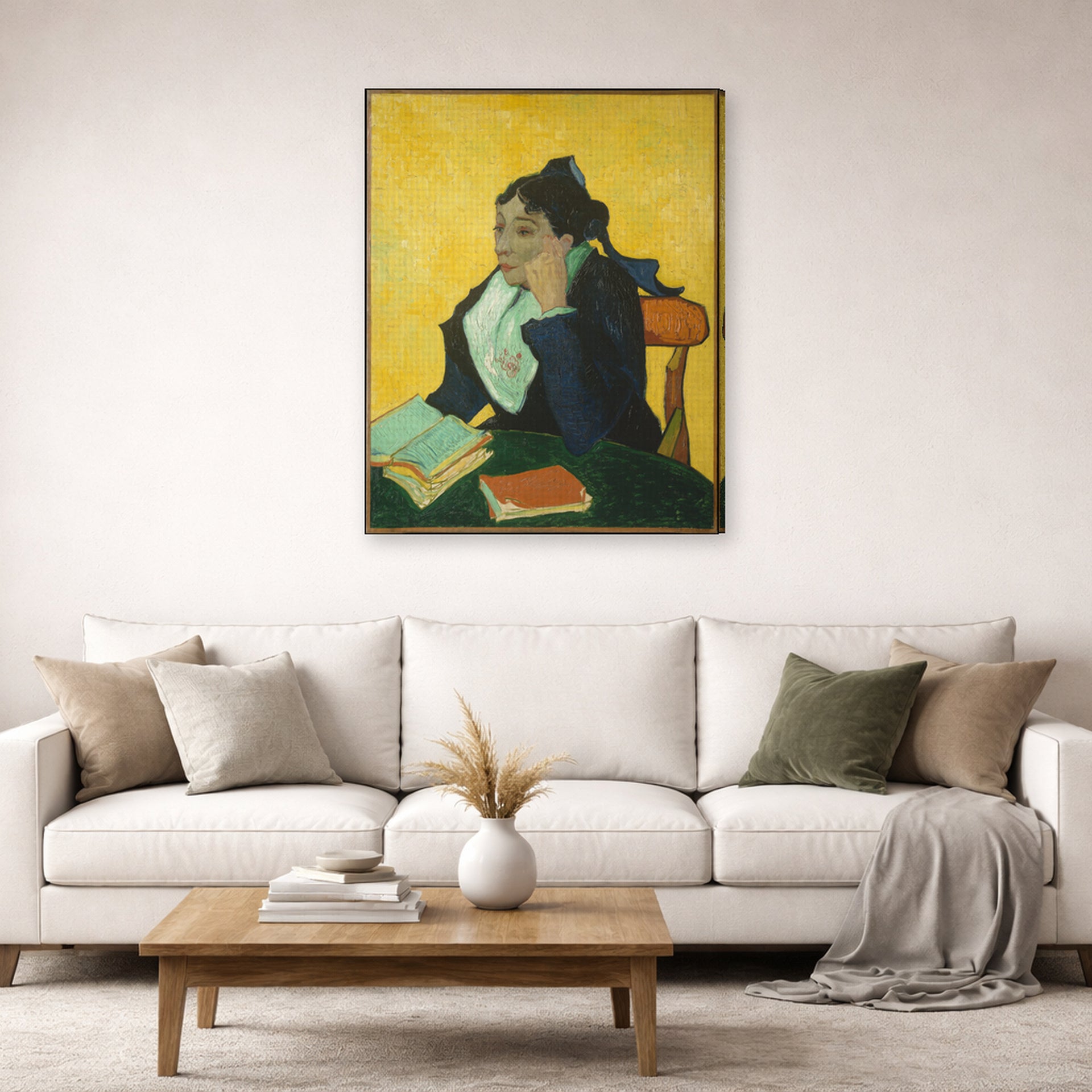 Gallery-wrapped canvas print of Vincent van Gogh's L'arlesienne: Madame Ginoux with Gloves and Umbrella displayed on a wall in a living room