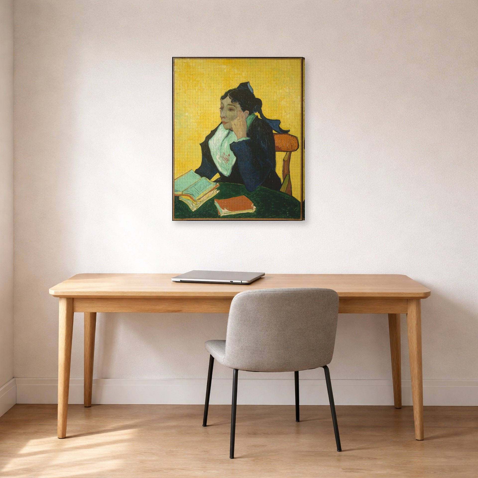 Gallery-wrapped canvas print of Vincent van Gogh's L'arlesienne: Madame Ginoux with Gloves and Umbrella displayed on a wall in a home office