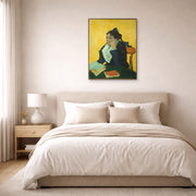 Unframed poster print of Vincent van Gogh's L'arlesienne: Madame Ginoux with Gloves and Umbrella displayed on a wall in a bedroom