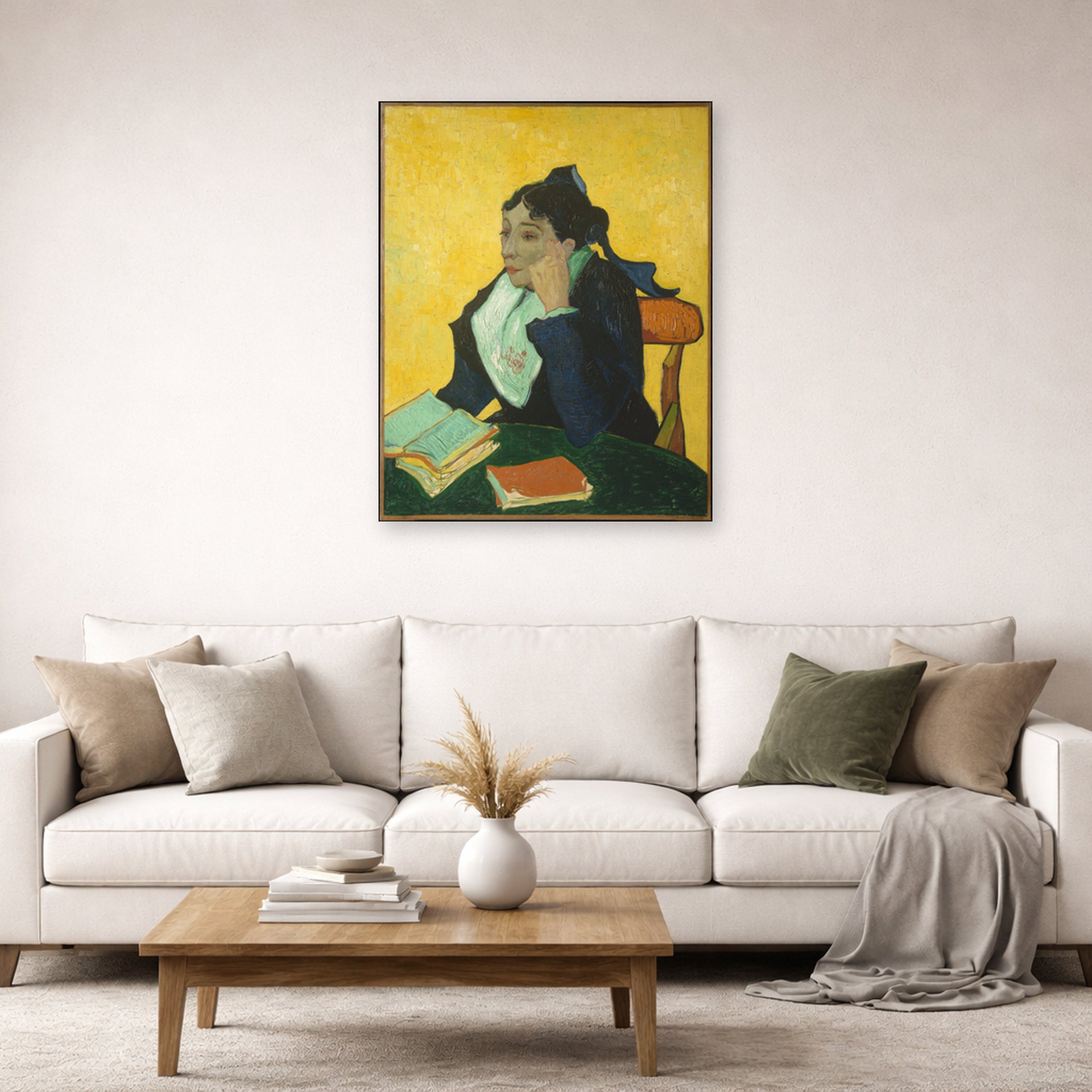 Unframed poster print of Vincent van Gogh's L'arlesienne: Madame Ginoux with Gloves and Umbrella displayed on a wall in a living room