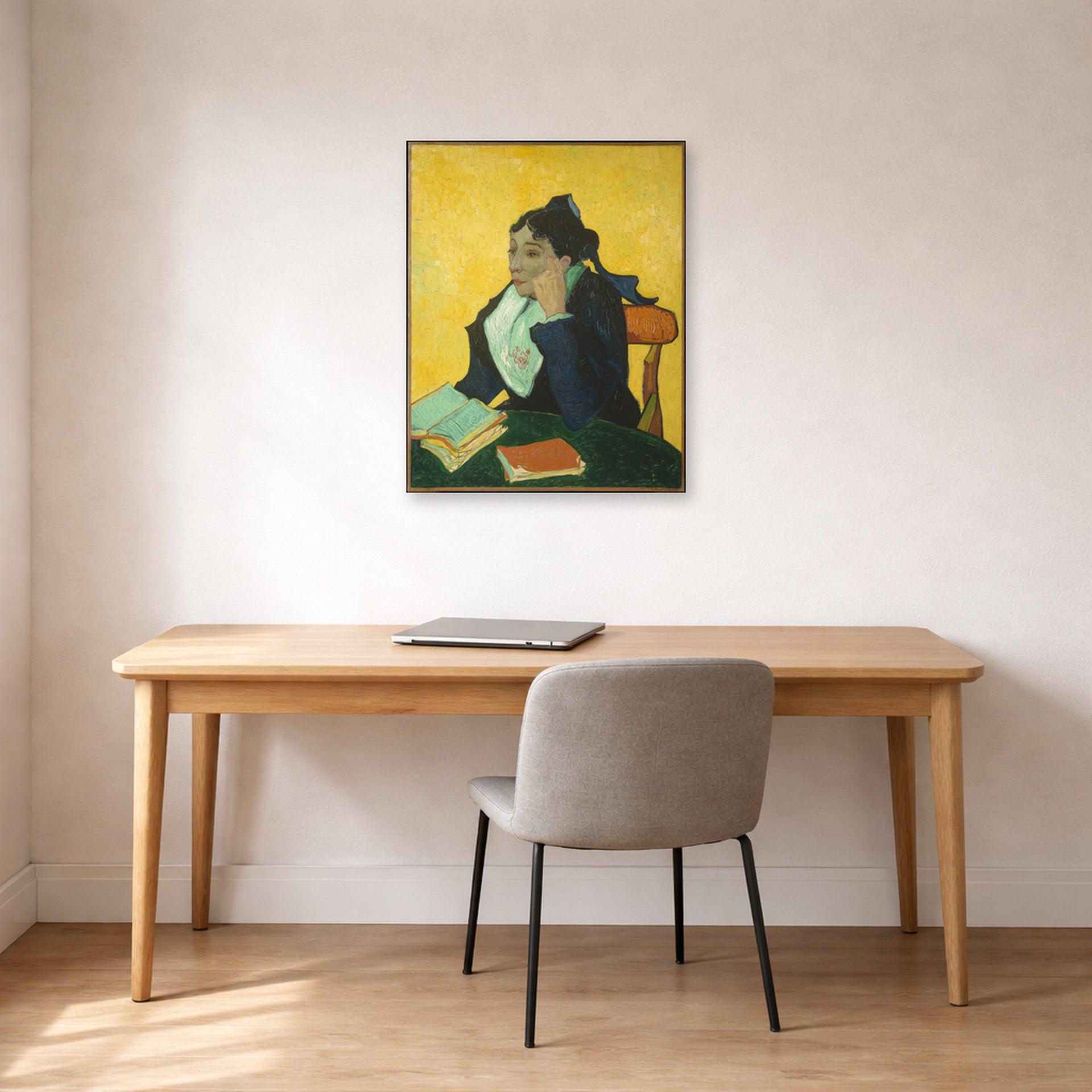 Unframed poster print of Vincent van Gogh's L'arlesienne: Madame Ginoux with Gloves and Umbrella displayed on a wall in a home office