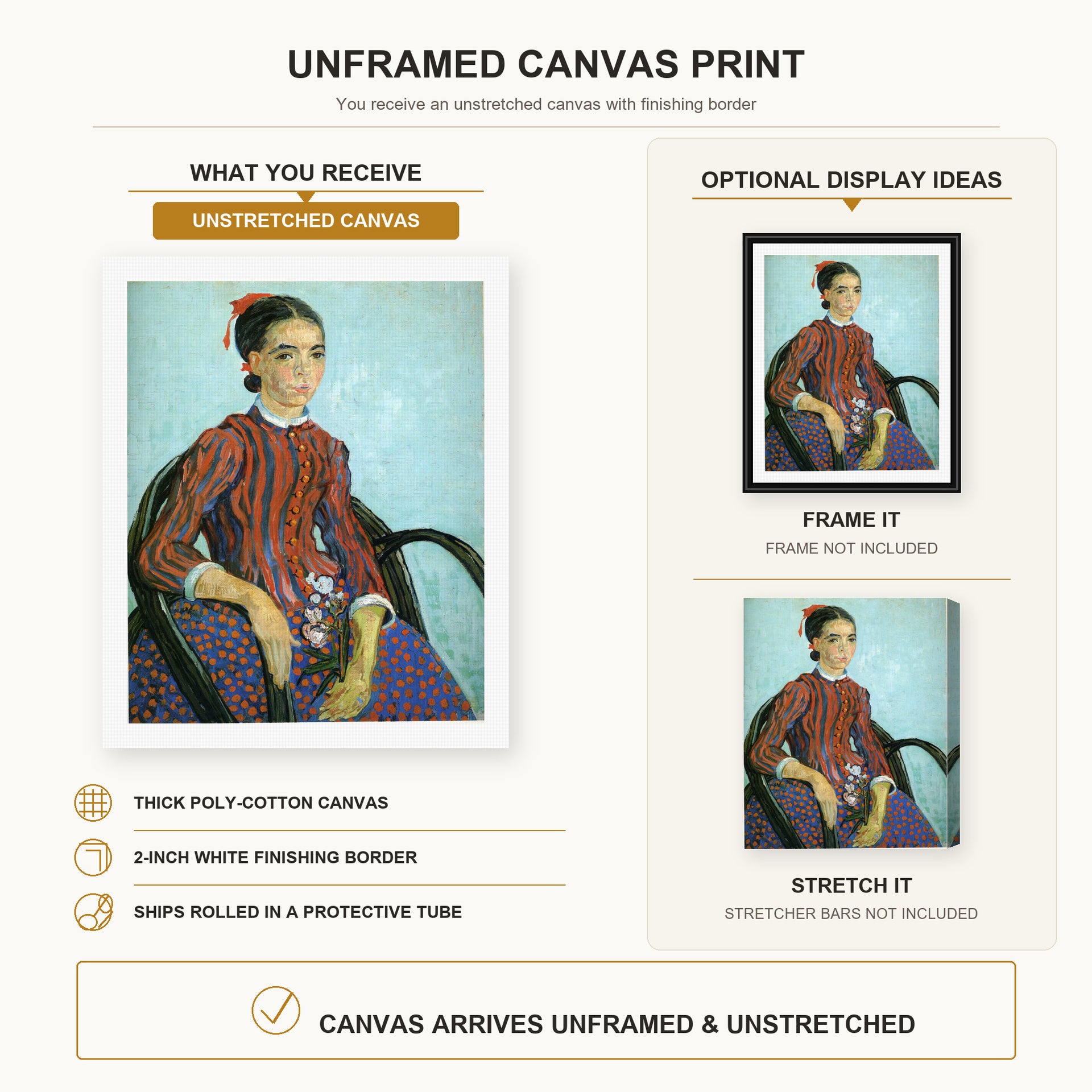 Vincent van Gogh - La Mousme canvas print size comparison and framing display infographic