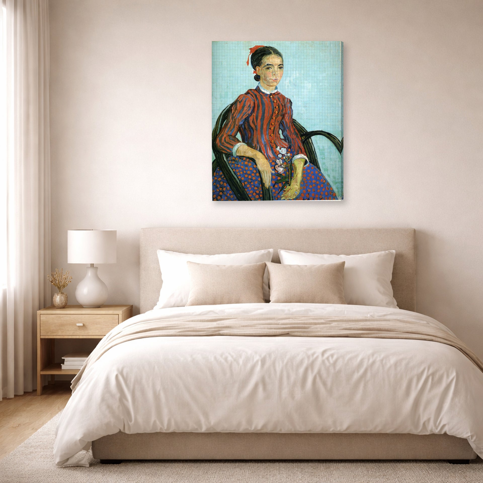 Gallery-wrapped canvas print of Vincent van Gogh's La Mousme displayed on a wall in a bedroom