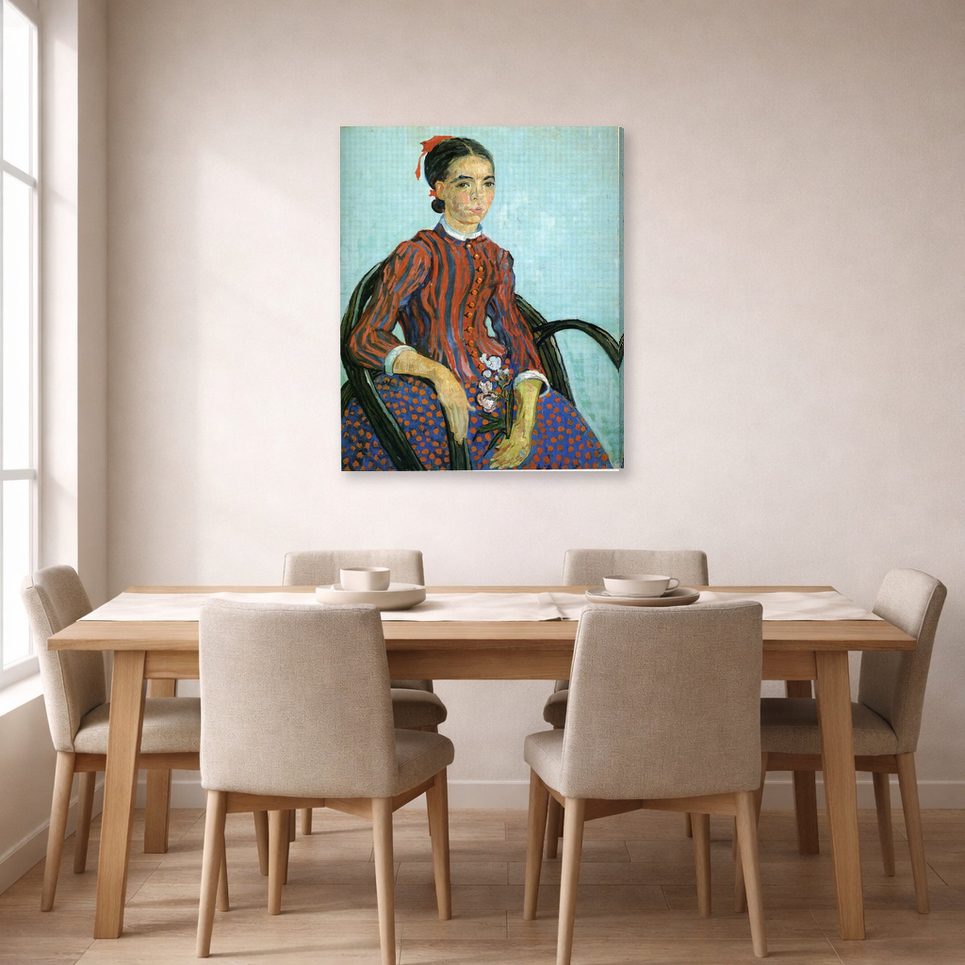 Gallery-wrapped canvas print of Vincent van Gogh's La Mousme displayed on a wall in a dining room