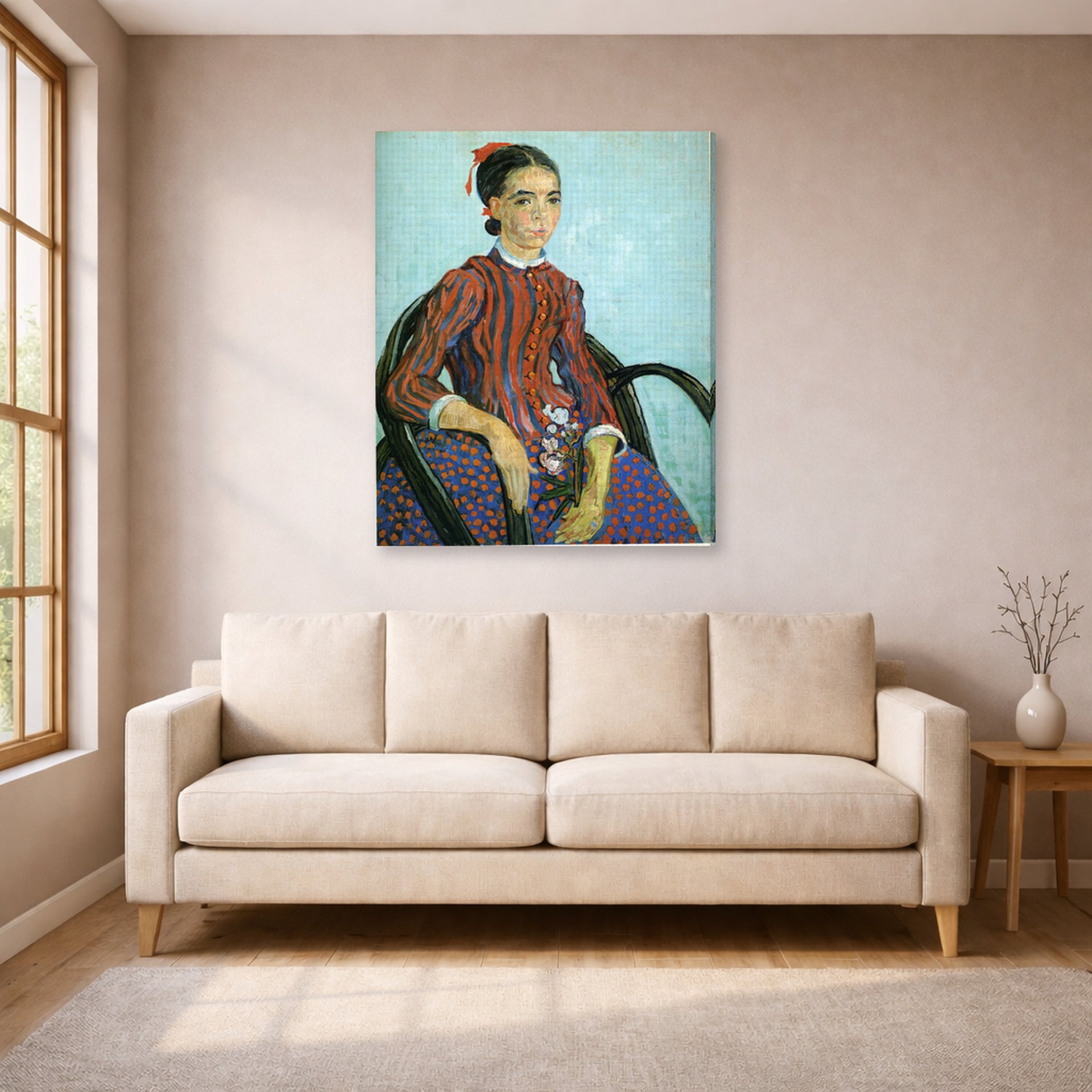 Gallery-wrapped canvas print of Vincent van Gogh's La Mousme displayed on a wall in a living room