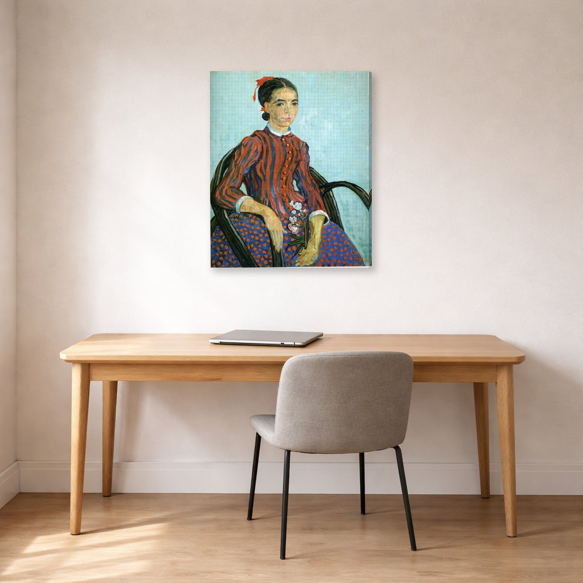 Gallery-wrapped canvas print of Vincent van Gogh's La Mousme displayed on a wall in a home office