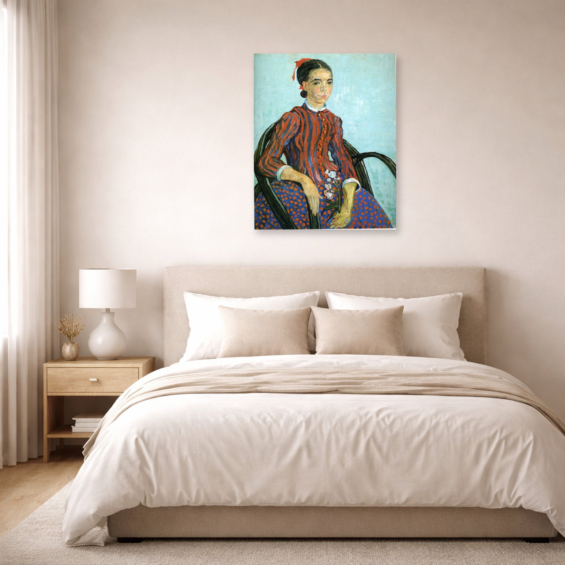 Unframed poster print of Vincent van Gogh's La Mousme displayed on a wall in a bedroom