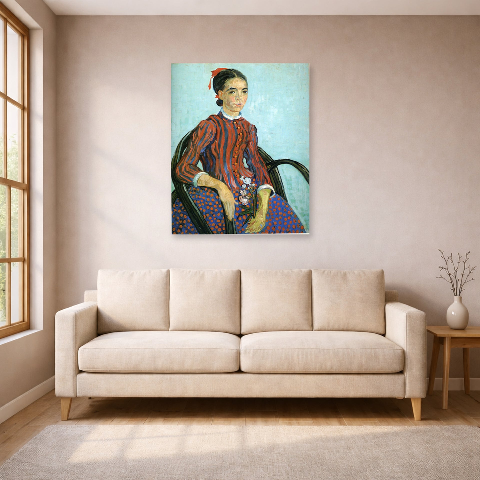 Unframed poster print of Vincent van Gogh's La Mousme displayed on a wall in a living room