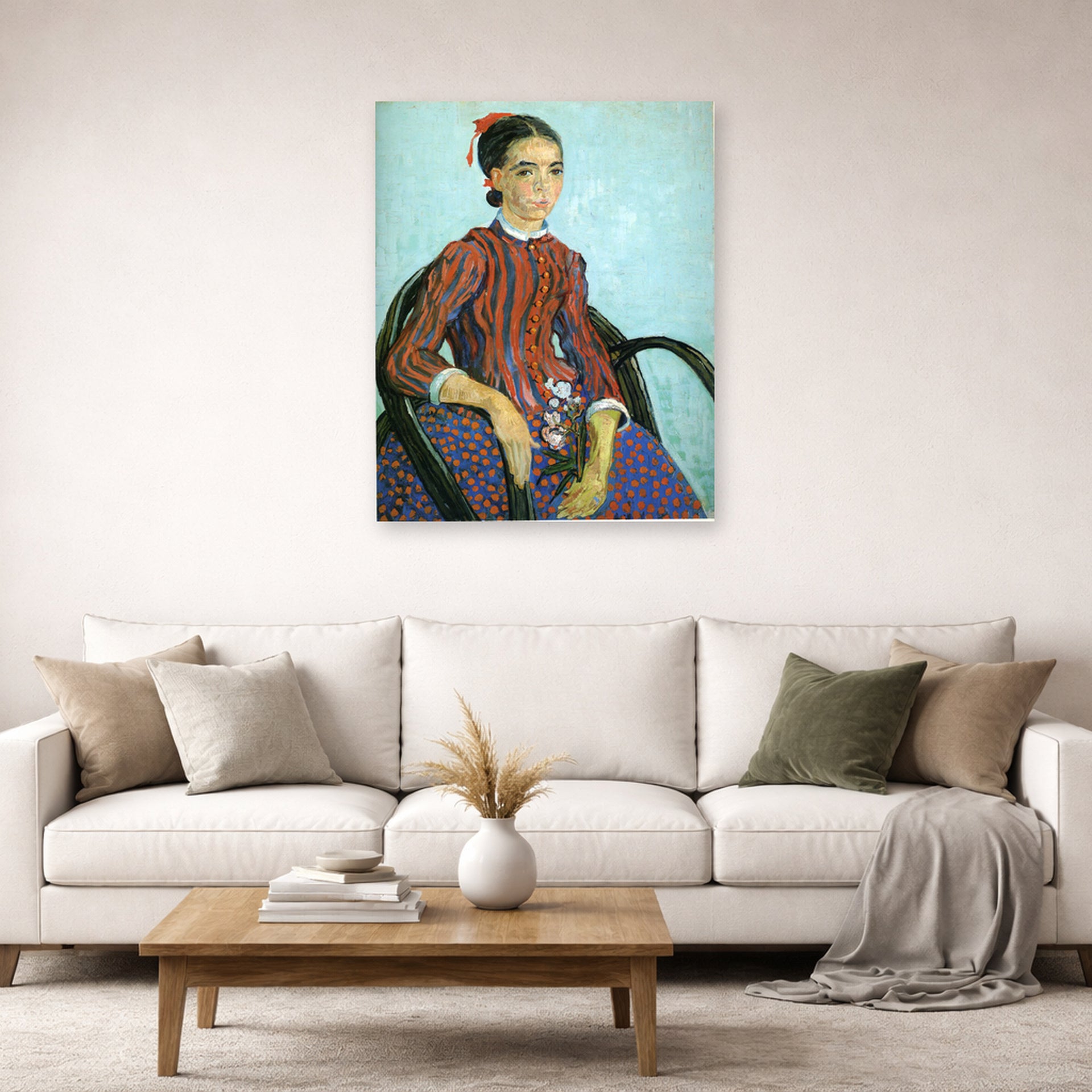 Unframed poster print of Vincent van Gogh's La Mousme displayed on a wall in a living room