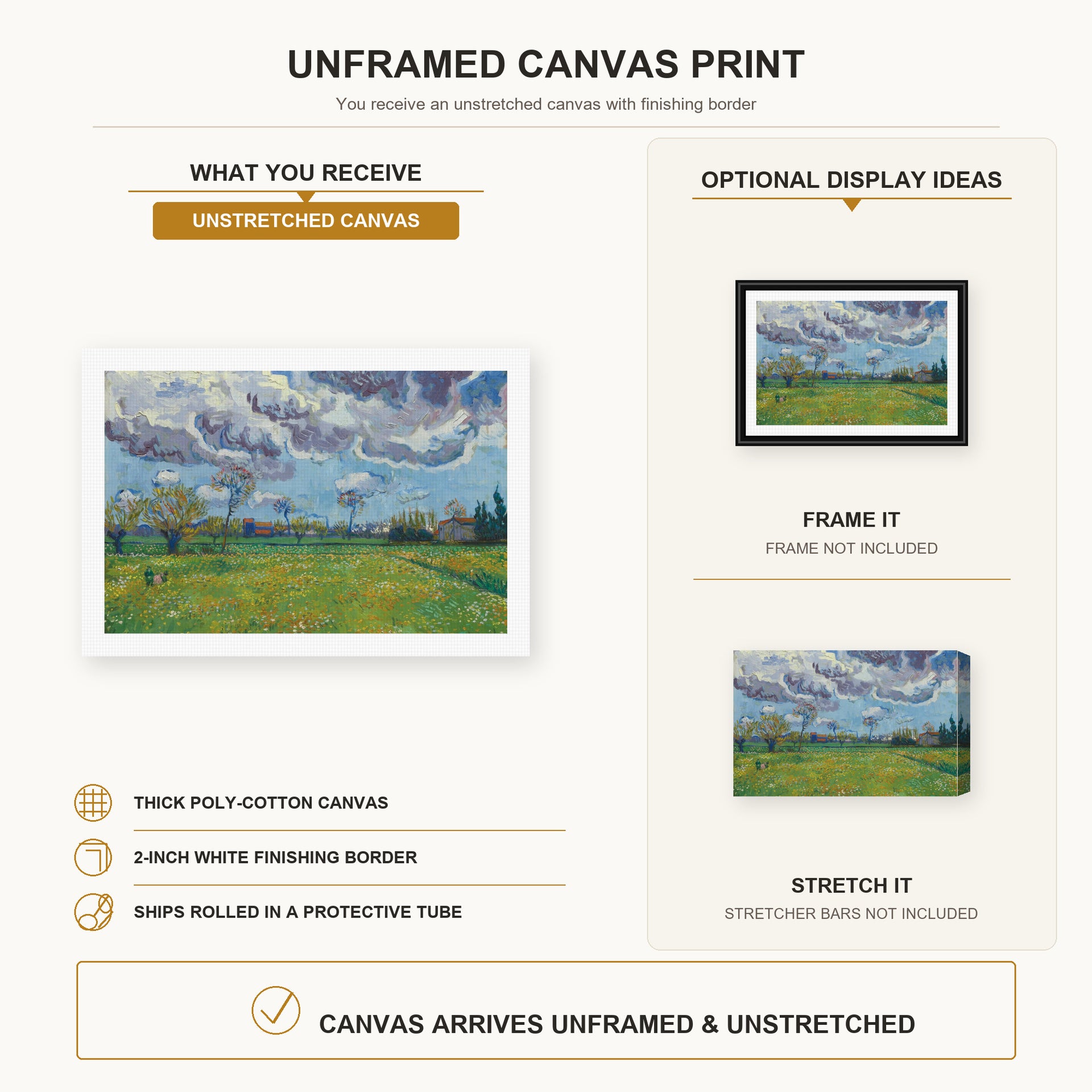 Vincent van Gogh - Landscape Under a Stormy Sky canvas print size comparison and framing display infographic