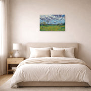 Gallery-wrapped canvas print of Vincent van Gogh's Landscape Under a Stormy Sky displayed on a wall in a bedroom