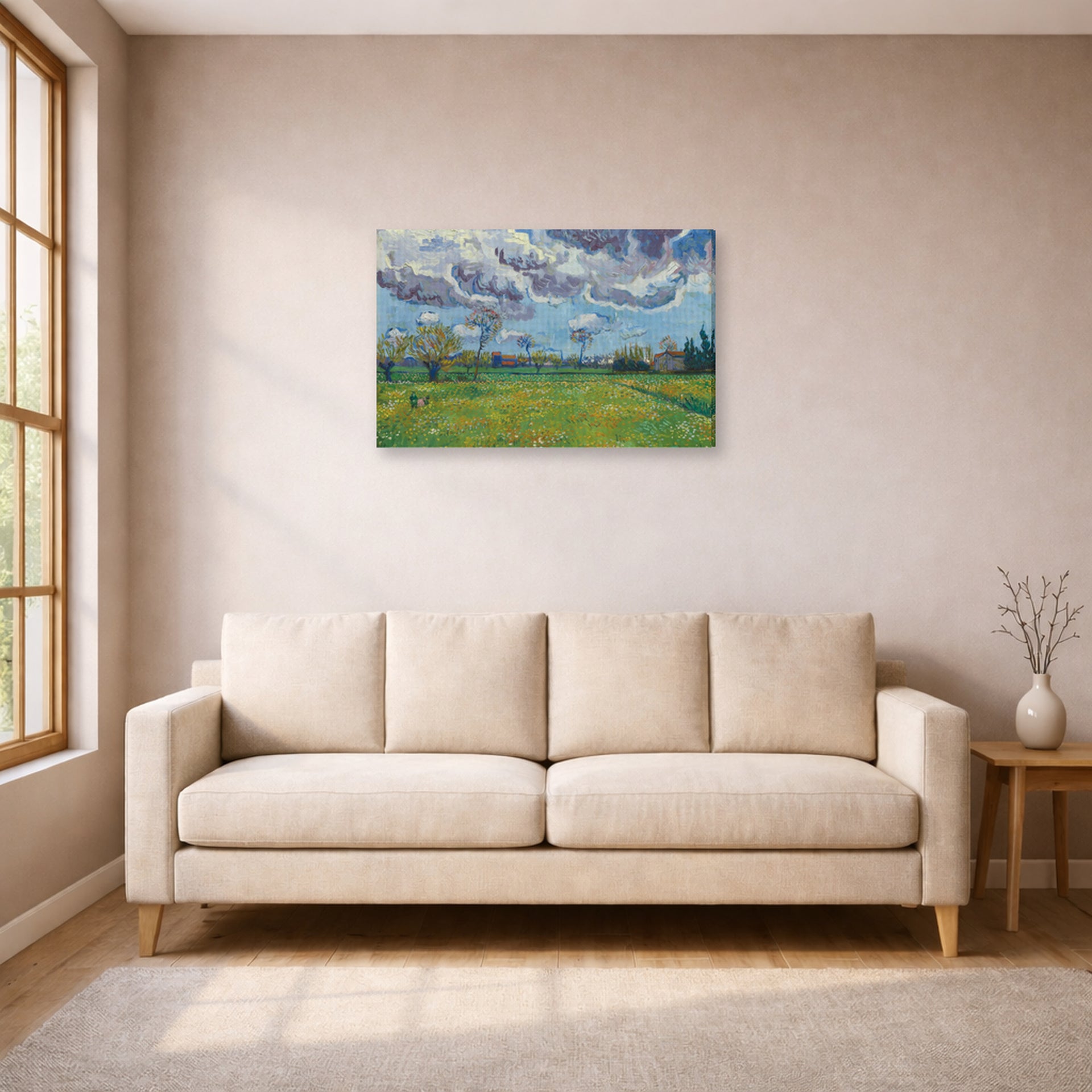 Gallery-wrapped canvas print of Vincent van Gogh's Landscape Under a Stormy Sky displayed on a wall in a living room