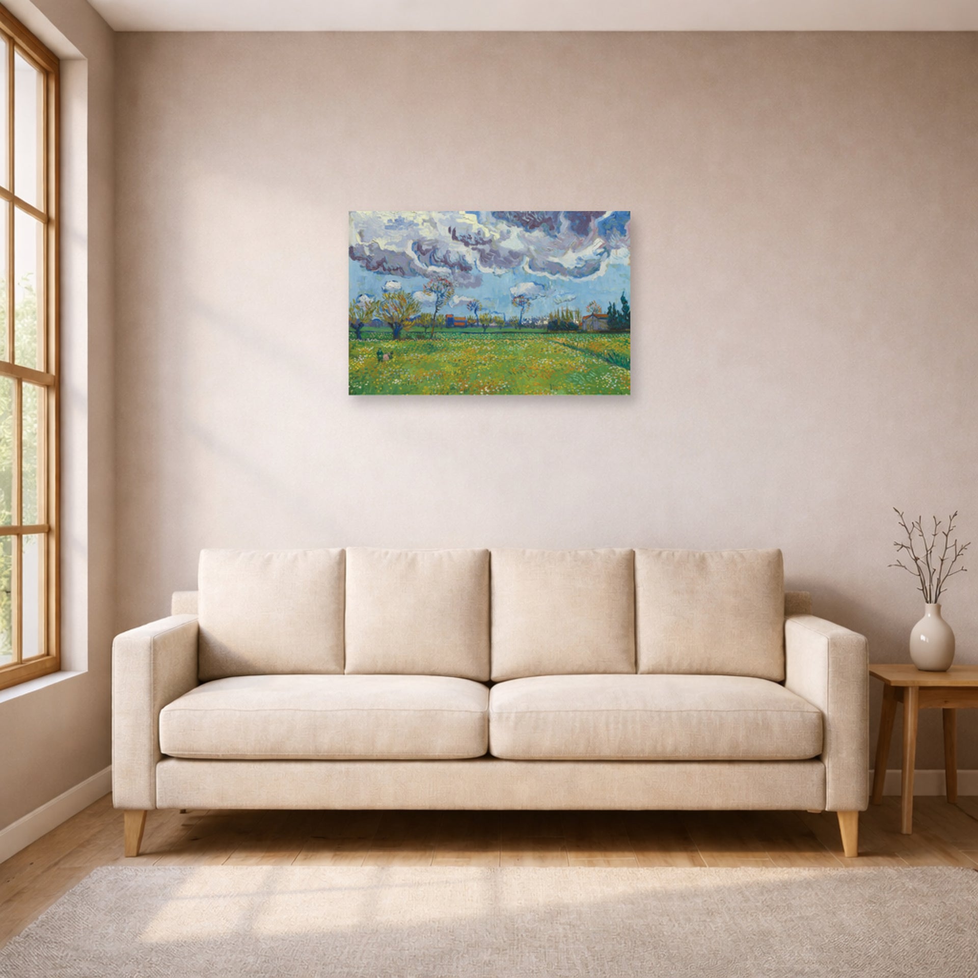 Unframed poster print of Vincent van Gogh's Landscape Under a Stormy Sky displayed on a wall in a living room