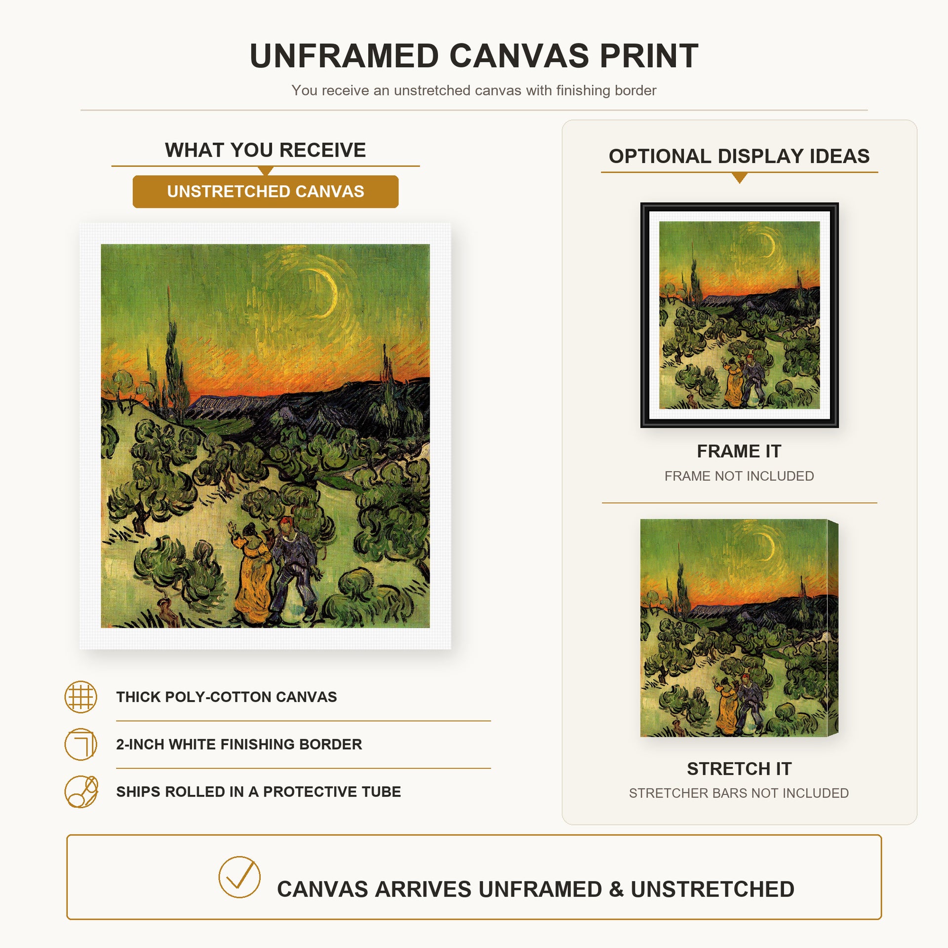 Vincent van Gogh - Landscape with Couple Walking and Crescent Moon canvas print size comparison and framing display infographic