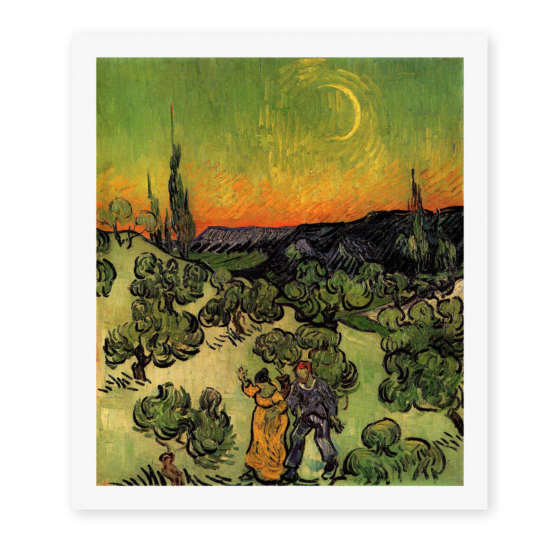 Vincent van Gogh's 'Landscape with Couple Walking and Crescent Moon' painting reproduced as a rolled canvas print