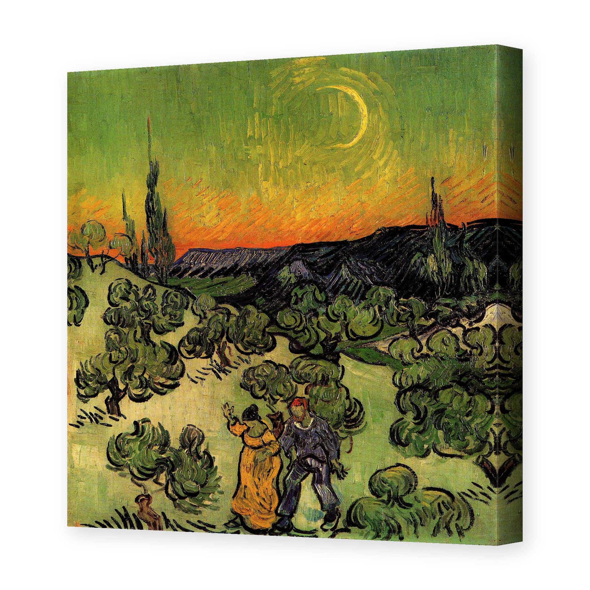 Vincent van Gogh's 'Landscape with Couple Walking and Crescent Moon' painting reproduced as a gallery-wrapped canvas print