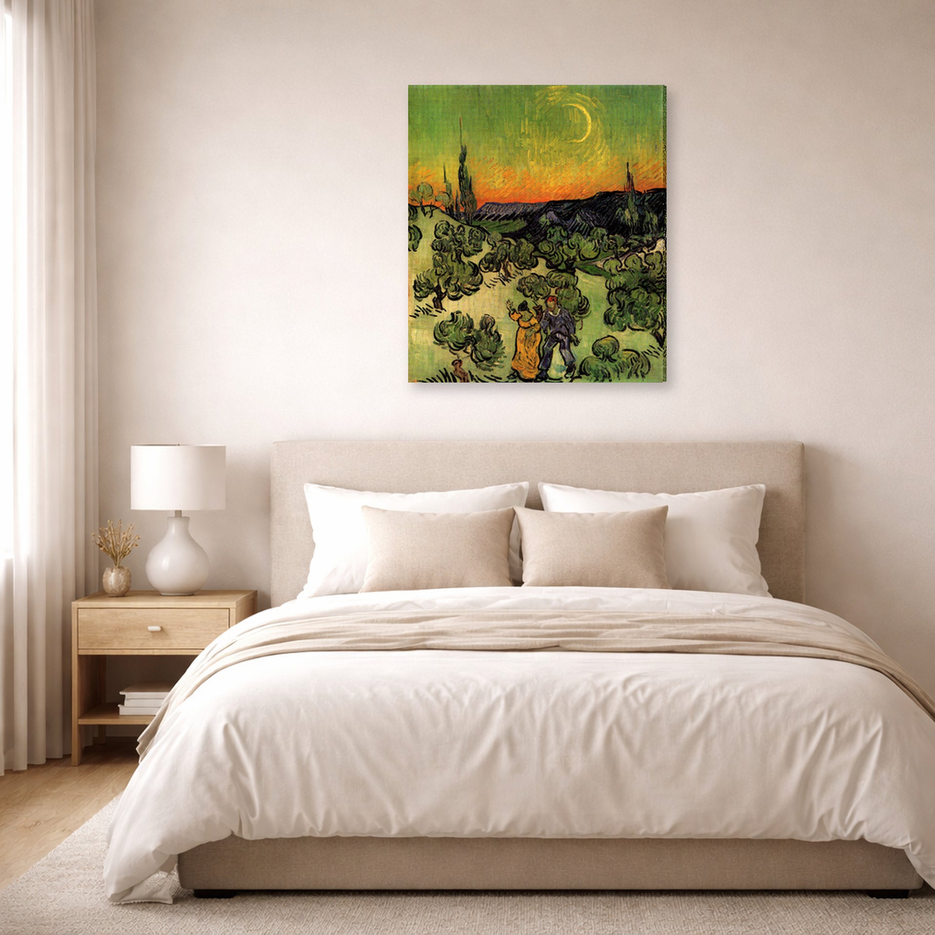 Gallery-wrapped canvas print of Vincent van Gogh's Landscape with Couple Walking and Crescent Moon displayed on a wall in a bedroom