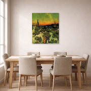Gallery-wrapped canvas print of Vincent van Gogh's Landscape with Couple Walking and Crescent Moon displayed on a wall in a dining room