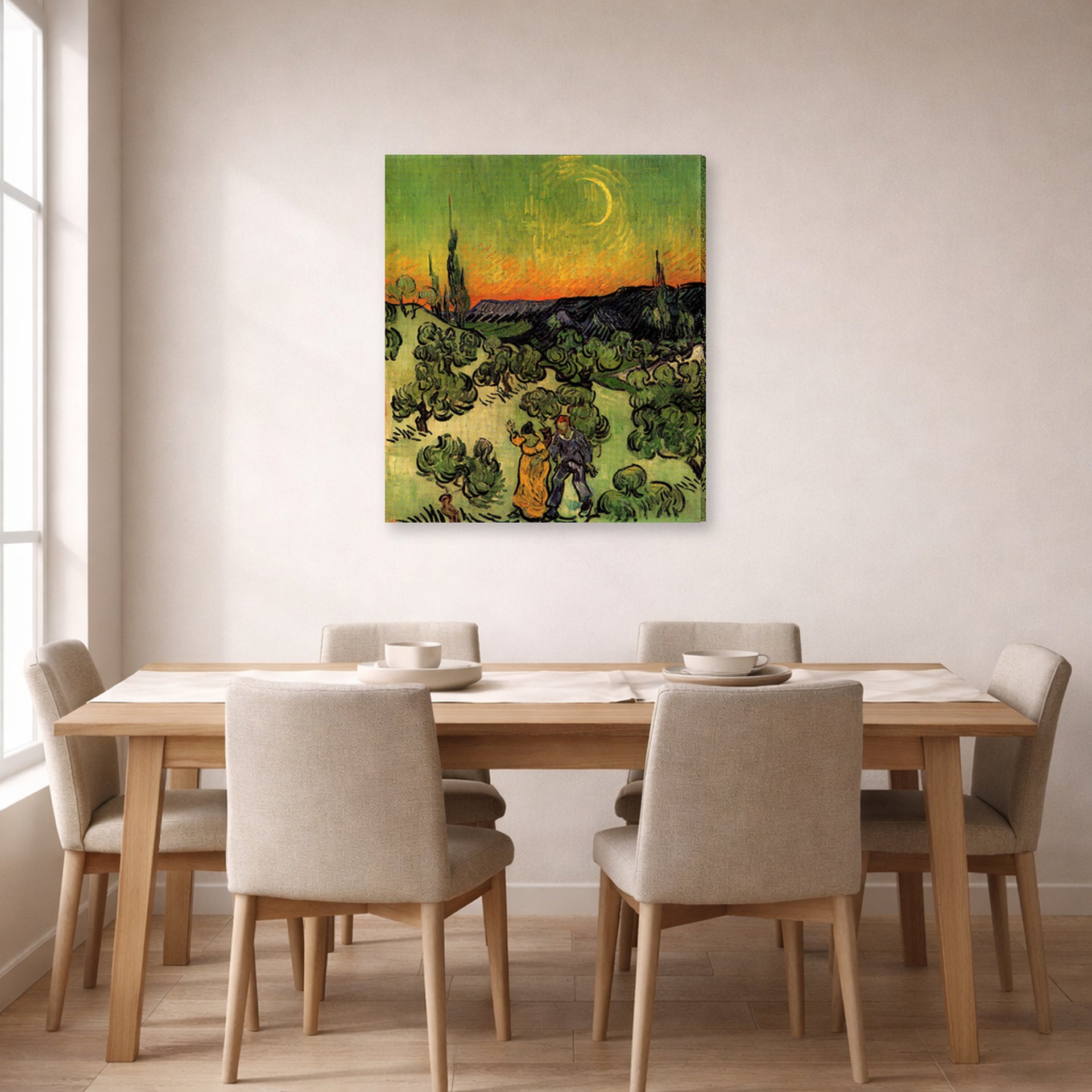 Gallery-wrapped canvas print of Vincent van Gogh's Landscape with Couple Walking and Crescent Moon displayed on a wall in a dining room
