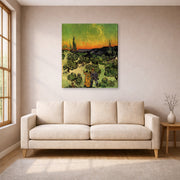 Gallery-wrapped canvas print of Vincent van Gogh's Landscape with Couple Walking and Crescent Moon displayed on a wall in a living room