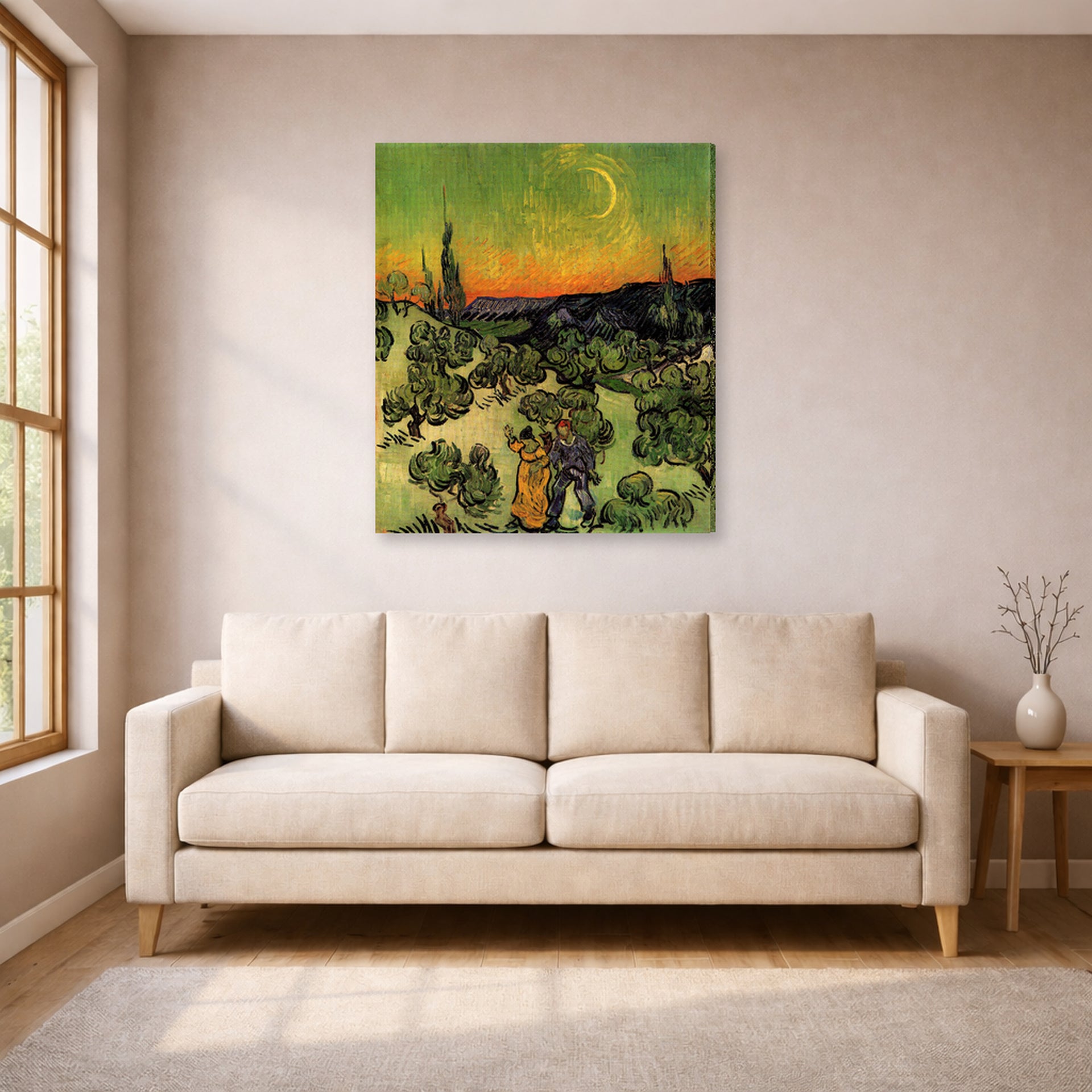 Gallery-wrapped canvas print of Vincent van Gogh's Landscape with Couple Walking and Crescent Moon displayed on a wall in a living room