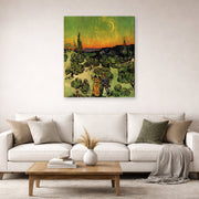 Gallery-wrapped canvas print of Vincent van Gogh's Landscape with Couple Walking and Crescent Moon displayed on a wall in a living room