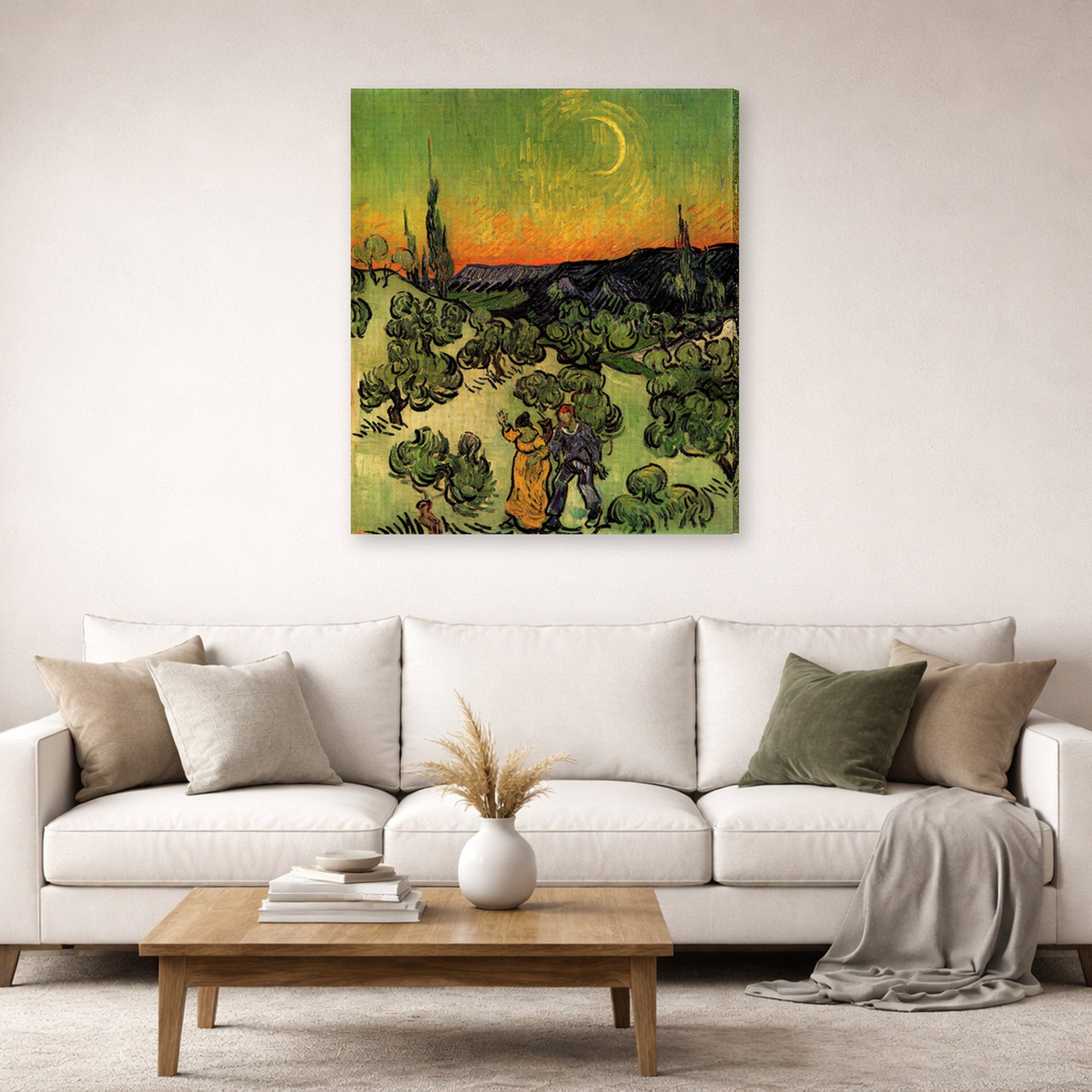 Gallery-wrapped canvas print of Vincent van Gogh's Landscape with Couple Walking and Crescent Moon displayed on a wall in a living room