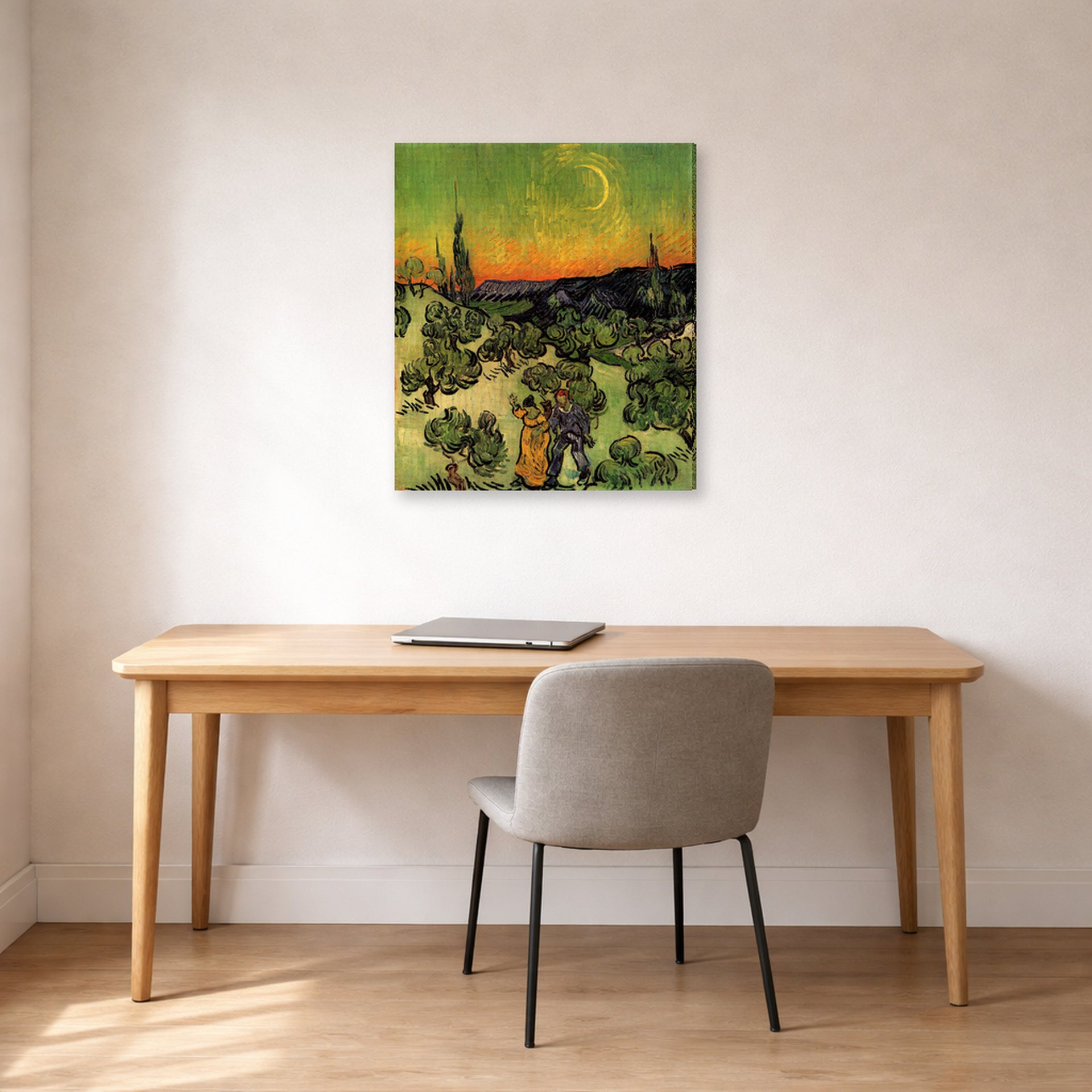Gallery-wrapped canvas print of Vincent van Gogh's Landscape with Couple Walking and Crescent Moon displayed on a wall in a home office