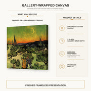 Vincent van Gogh - Landscape with Couple Walking and Crescent Moon gallery wrap canvas construction and hanging details infographic