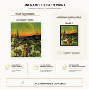 Vincent van Gogh - Landscape with Couple Walking and Crescent Moon poster print size comparison and framing display infographic