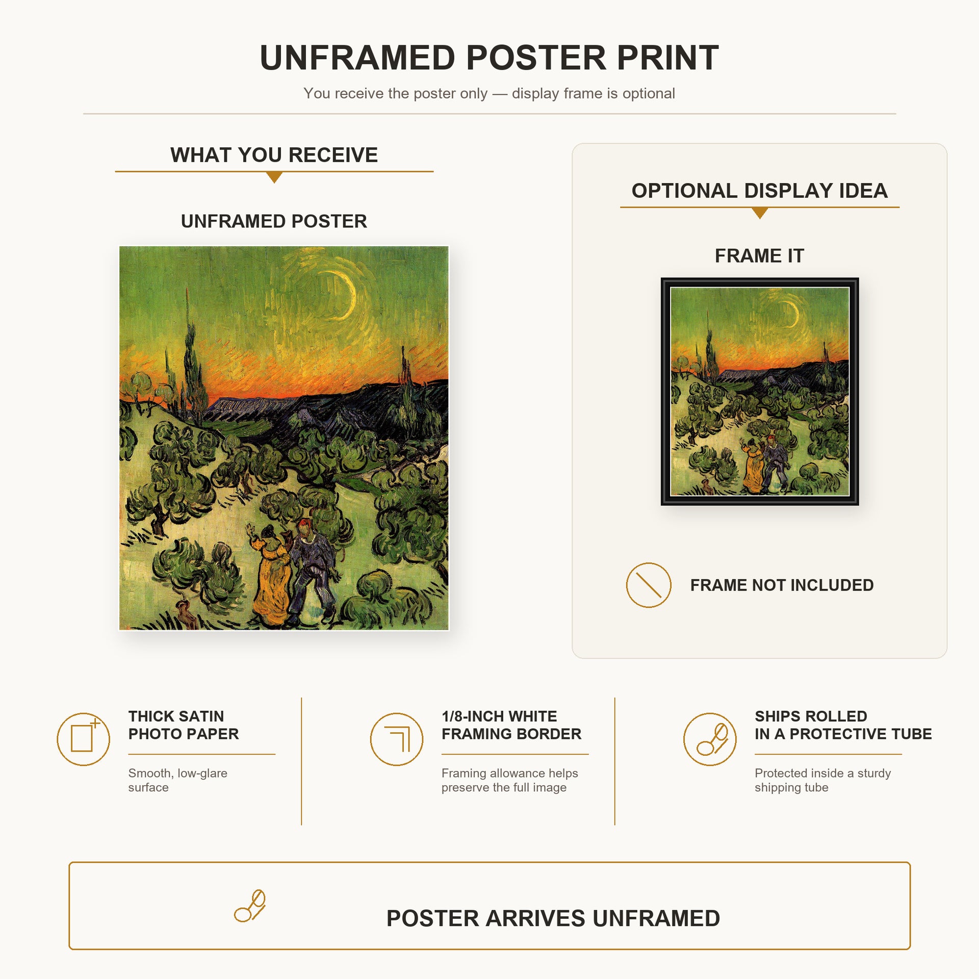 Vincent van Gogh - Landscape with Couple Walking and Crescent Moon poster print size comparison and framing display infographic